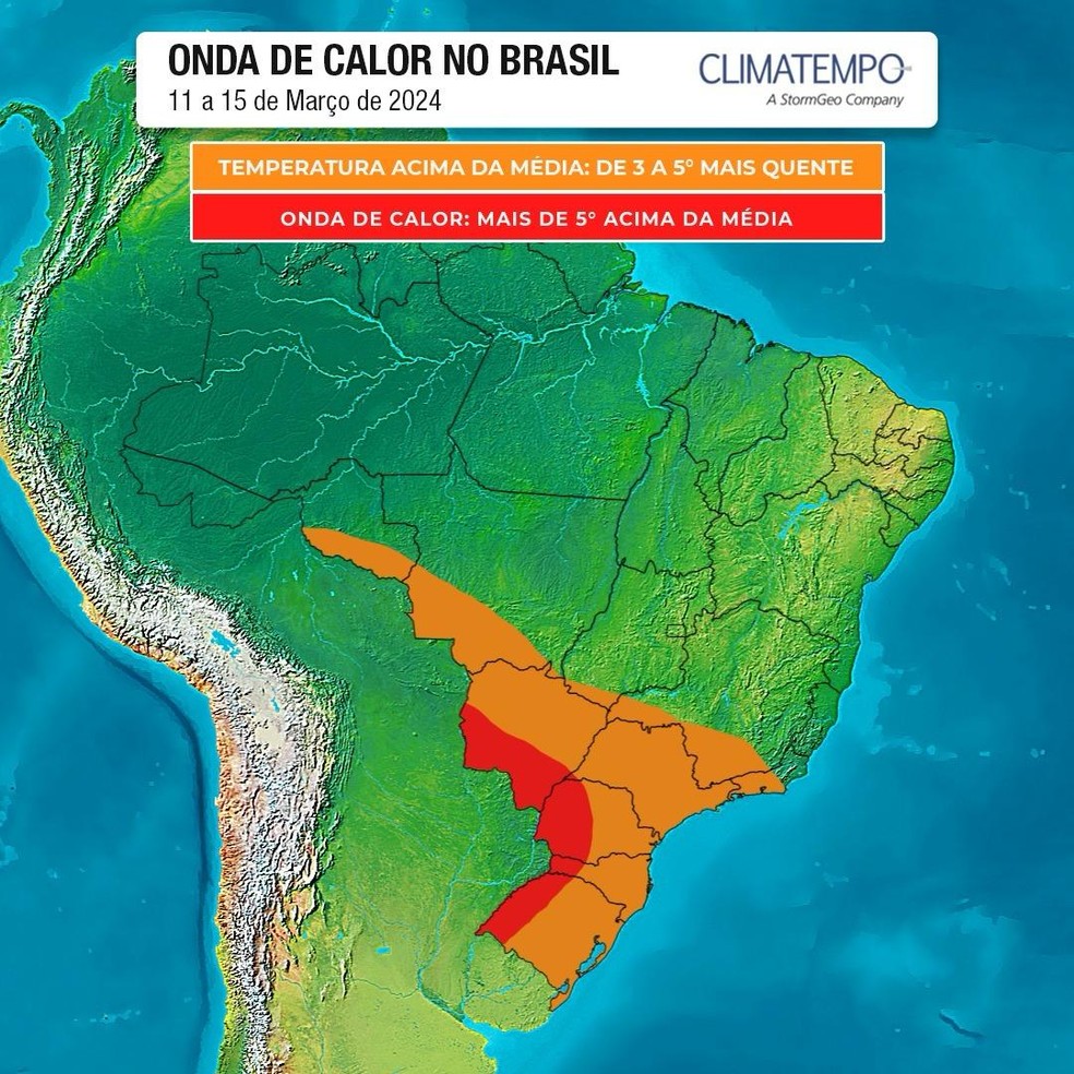Mapa mostra onda de calor se espalhando pelo Brasil. — Foto: ClimaTempo/Reprodução