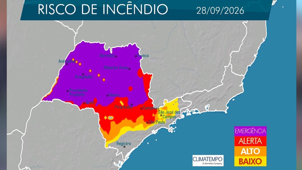 Mapa divulgado pela Defesa Civil de SP aponta alto risco de incêndio nas regiões Noroeste, Norte e Oeste paulista, nesta segunda (28) — Foto: Climatempo/Defesa Civil de SP/Reprodução