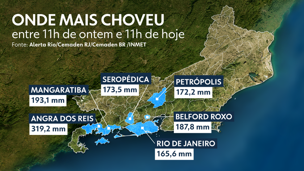 Pontos com maior índice pluviométrico em 24h — Foto: Arte / TV Globo