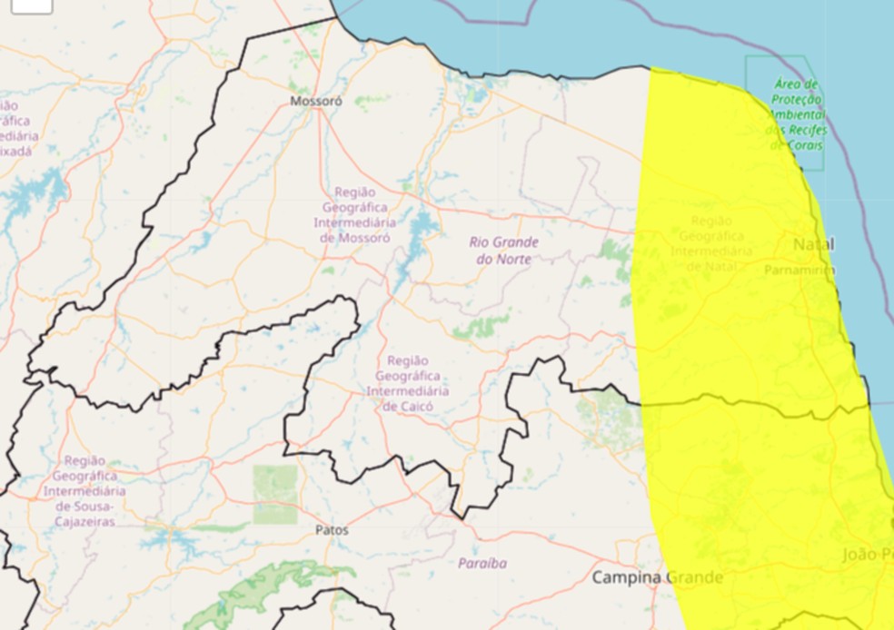 Inmet emite alerta de perigo potencial para chuvas em Natal e mais 63 cidades do RN — Foto: Reprodução/Inmet