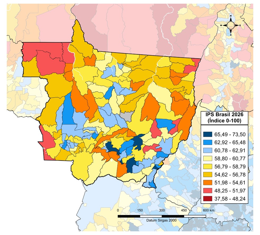 Mapa de Mato Grosso com dados do Índice de Progresso Social (IPS Brasil 2026) — Foto: g1 arte