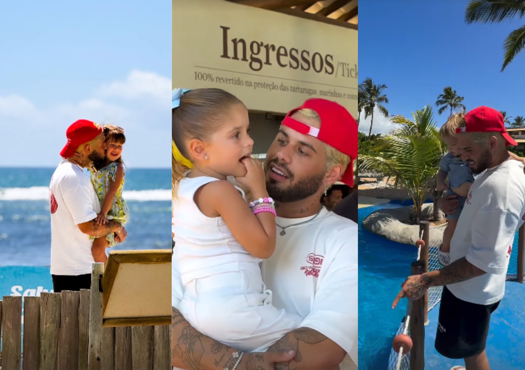 Zé Felipe visita Projeto Tamar com os três filhos na Praia do Forte, destino turístico da Bahia 