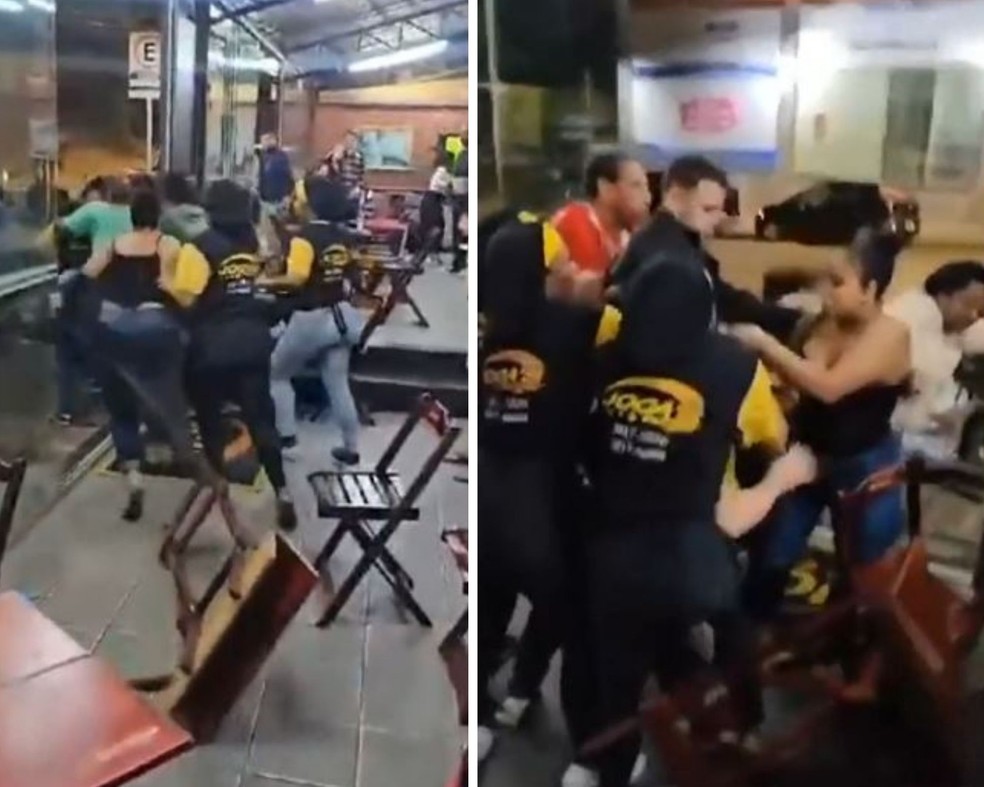 Briga terminou com cadeiras e mesas quebradas e uma mulher ferida — Foto: Reprodução/redes sociais