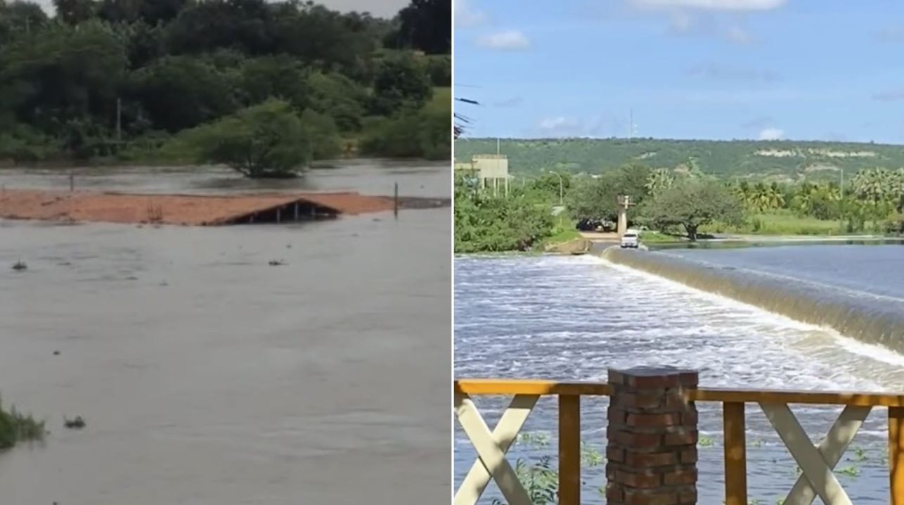 Após fortes chuvas, água chega próximo a telhado de casas em cidade do Ceará; vídeo 