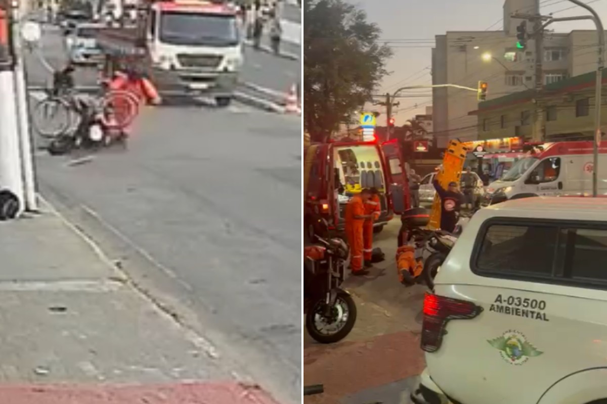 Ciclista e motociclista são arremessados após colisão em avenida de Guarujá; VÍDEO  