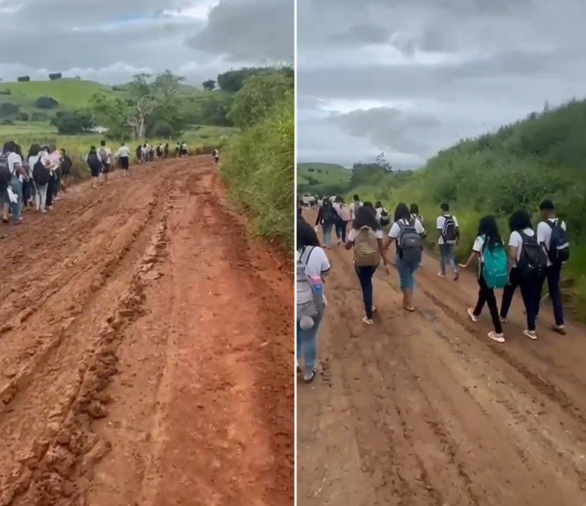 Alunos atravessam 500 metros de lama para chegar ao transporte escolar em Cambuci 