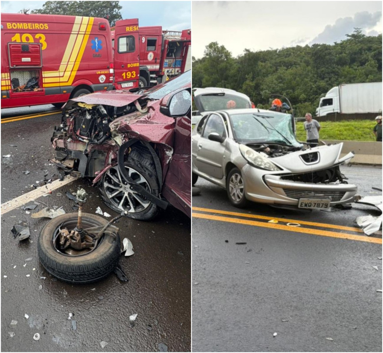 Grave acidente deixa 2 motoristas feridos, carros destruídos e rodovia interditada no interior de SP