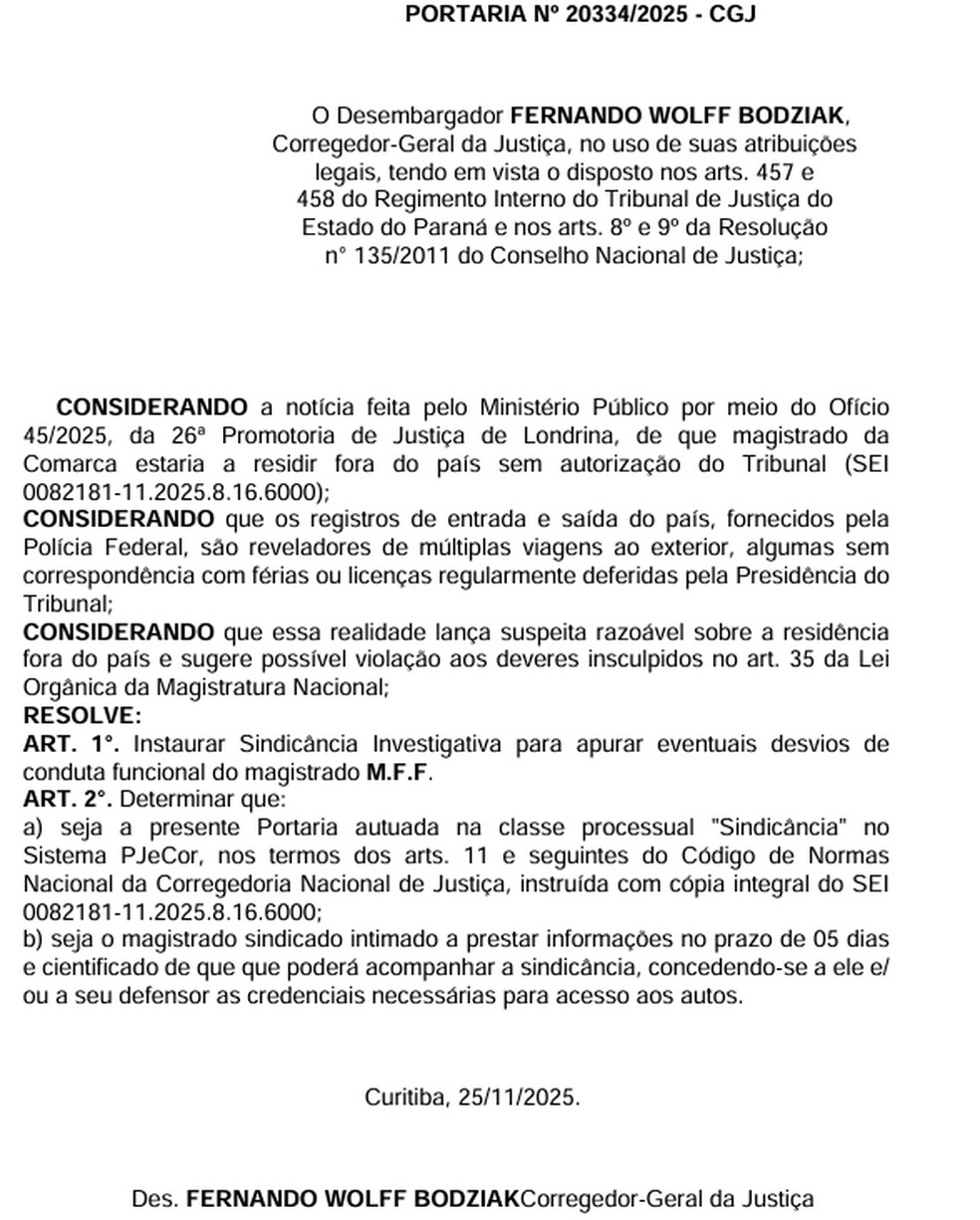 Portaria que solicita a abertura de sindicância para apurar as informações. — Foto: Diário da Justiça