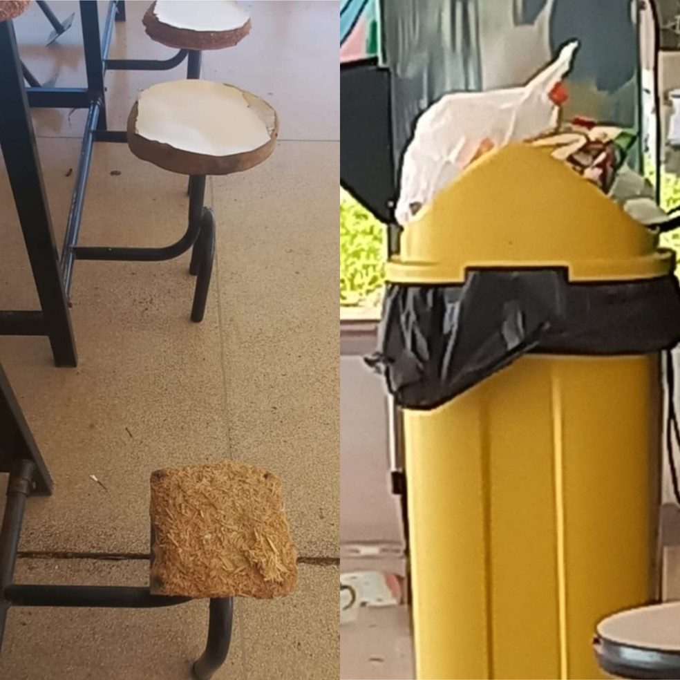 Estado de conservação do espaço também gera reclamações de estudantes, com cadeiras deterioradas e más condições de higiene — Foto: Reprodução