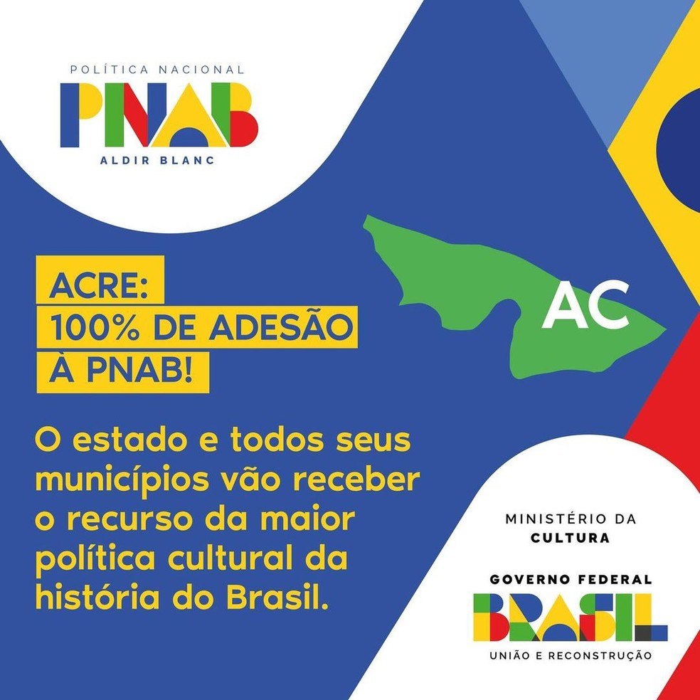 MINC divulgou, nessa quarta-feira (6), que o Acre foi o primeiro estado com 100% de adesão dos municípios à Lei Aldir Blanc — Foto: Reprodução