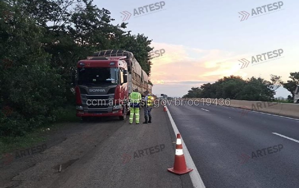 2 de 2
o motorista da carreta seguia pela faixa dois da rodovia no sentido leste, quando foi avisado pelo r&aacute;dio por outro caminhoneiro sobre a colis&atilde;o &mdash; Foto: Artesp/Divulga&ccedil;&atilde;o