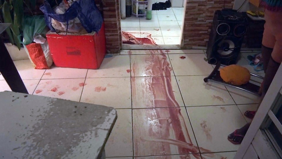 Rastro de sangue em casa no Jacarezinho onde Omar Pereira foi morto — Foto: Reprodução/TV Globo
