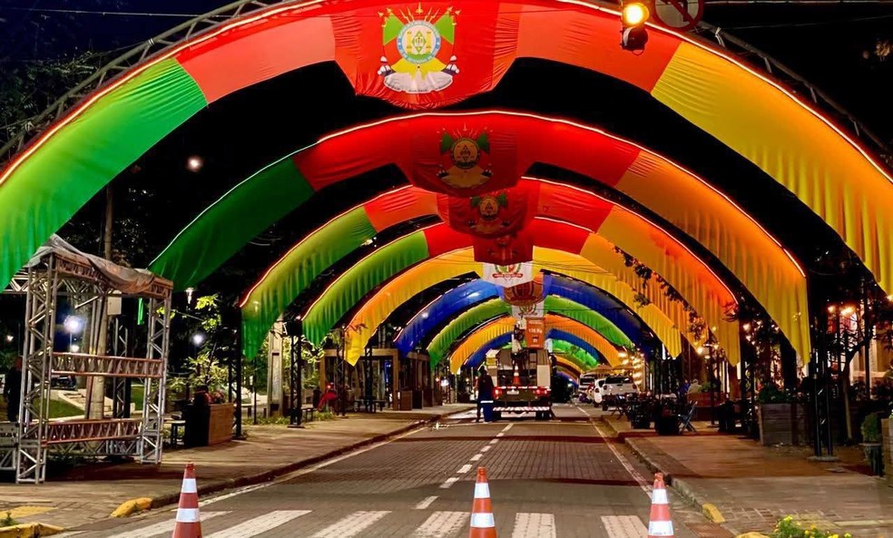 Avenida de Santa Cruz do Sul decorada com as cores da bandeira do RS — Foto: Tibicuera Menna Barreto