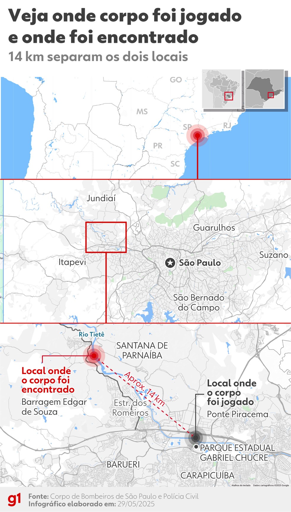 Veja onde corpo foi jogado e onde foi encontrado — Foto: Arte/g1 Design