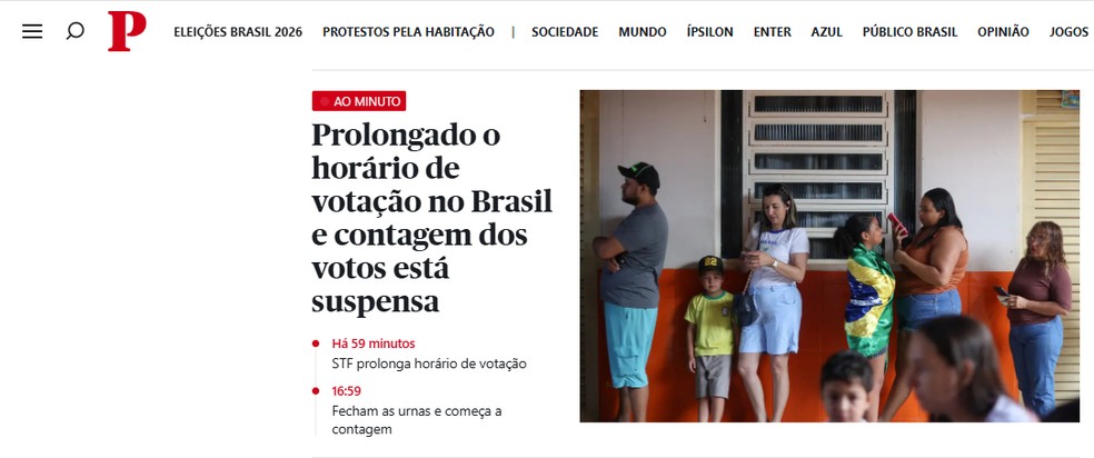 O jornal português Público destacou a prorrogação da votação na capa de seu site. — Foto: Reprodução: Público.