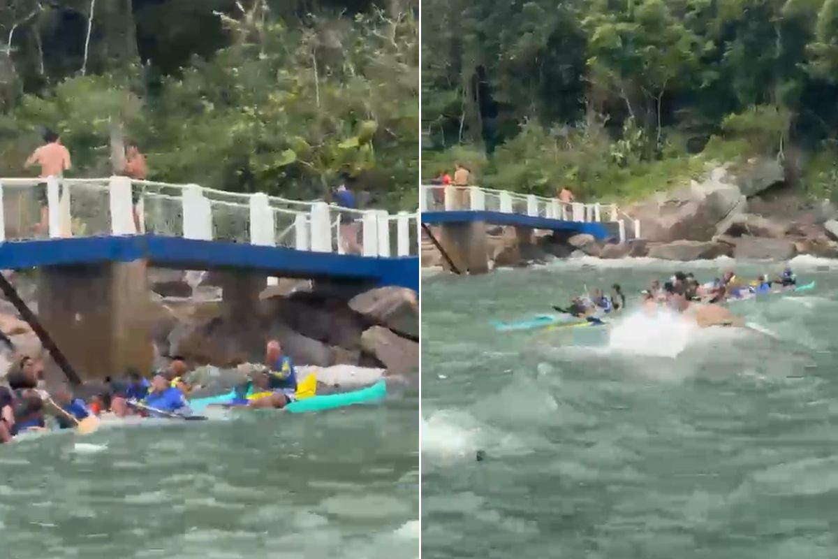 Nove pessoas são resgatadas após canoas havaianas serem atingidas por correnteza no litoral de SP; VIDEO 