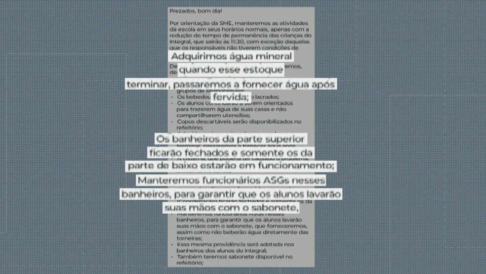 Mensagem da escola enviada aos pais e responsáveis — Foto: Reprodução/TV Globo