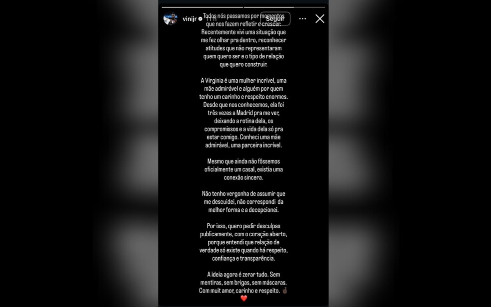 Vini Jr. pede desculpas após prints de conversas com modelos — Foto: Reprodução/Instagram de Vini Jr.