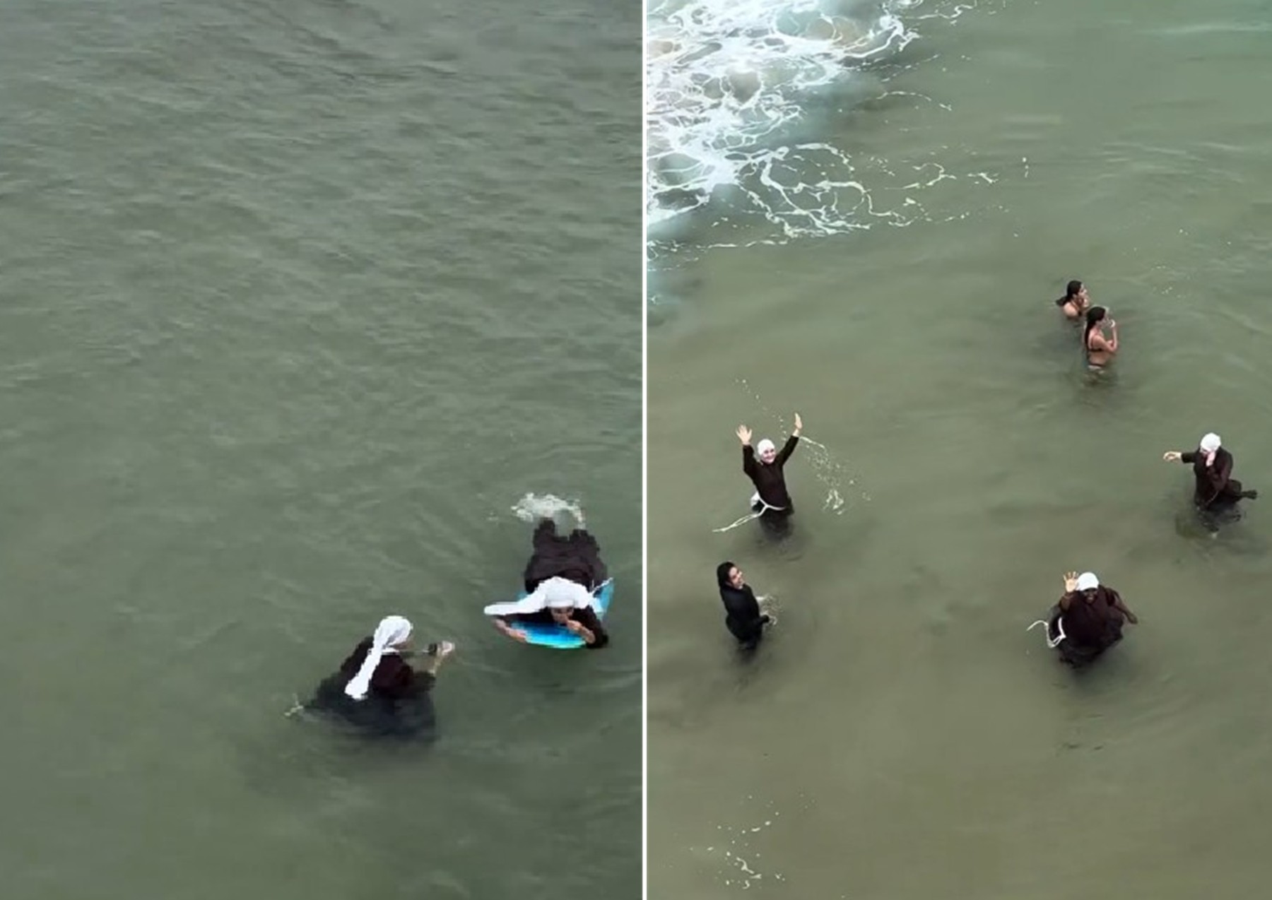 Cena de freiras pegando onda chama atenção em praia de Búzios; VÍDEO
