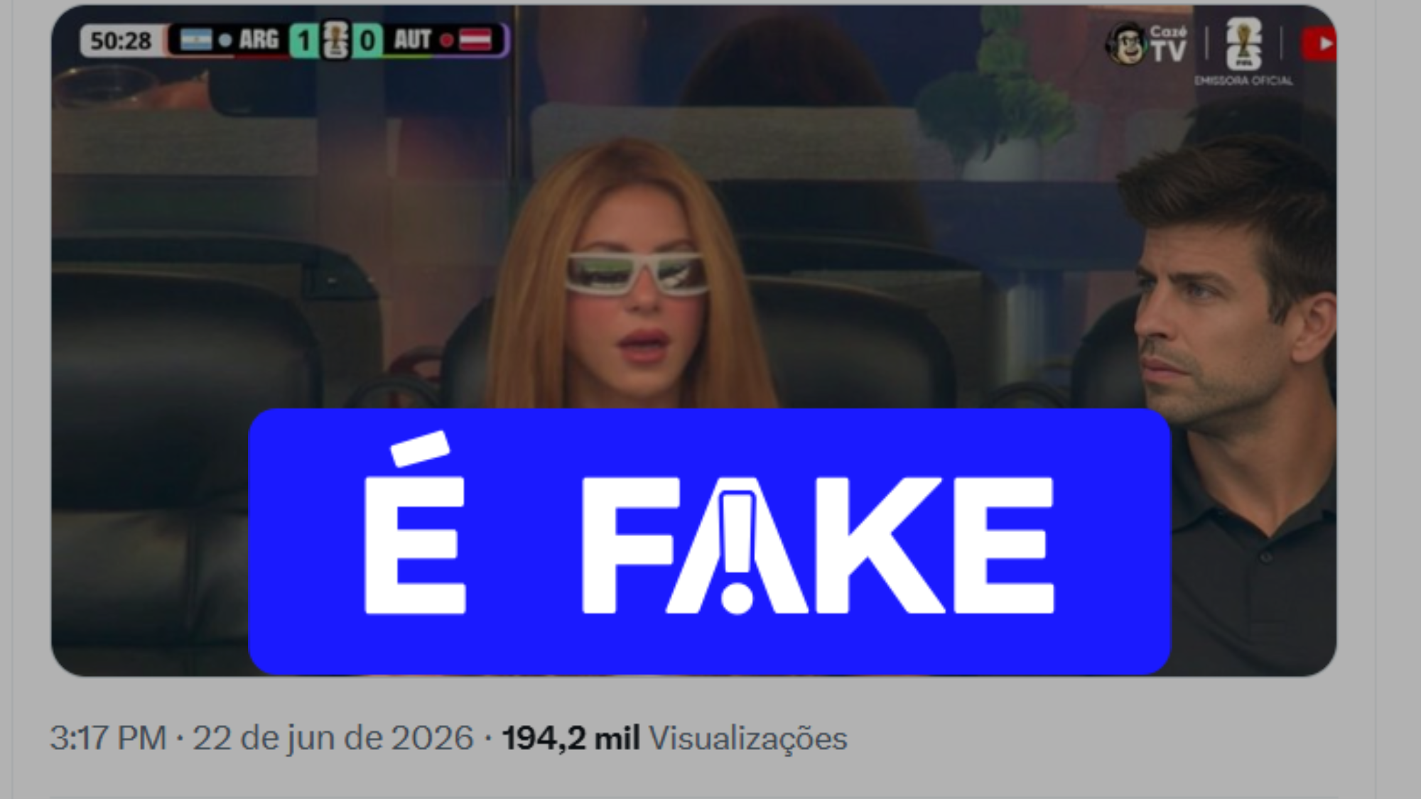 É #FAKE que foto mostre Shakira com Piqué na arquibancada de Argentina x Áustria na Copa; imagem foi manipulada por IA
