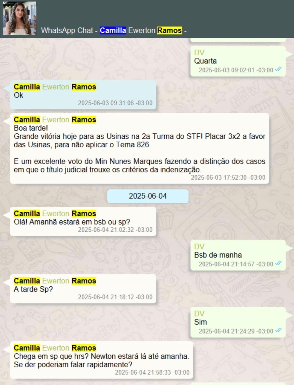 Troca de mensagens entre a advogada Camila Ramos, esposa do desembargador Newton Ramos, e o banqueiro Daniel Vorcaro — Foto: Reprodução