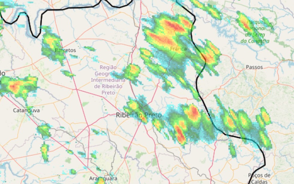 Foto do radar do IPMET, da Unesp, mostra chuva sobre a região de Ribeirão Preto e Franca — Foto: IPMET/Unesp