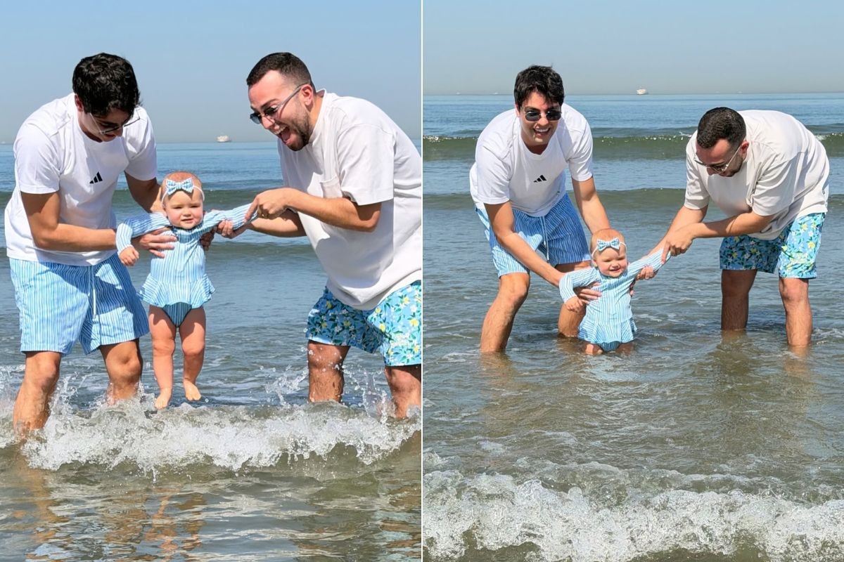 Filha de Lucas Rangel e Lucas Bley conhece a praia no litoral de SP; VÍDEO