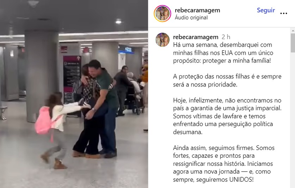 Post de Rebeca Ramagem, mulher do deputado Alexandre Ramagem (PL-RJ), em rede social — Foto: Instagram/Reprodução