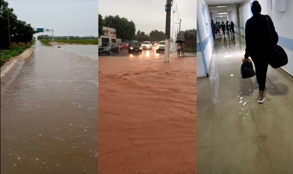 Em Baixa Grande do Ribeiro (esquerda), Corrente (centro) e Picos (Direita), a água bloqueou ruas e estrada e invadiu um hospital — Foto: Reprodução