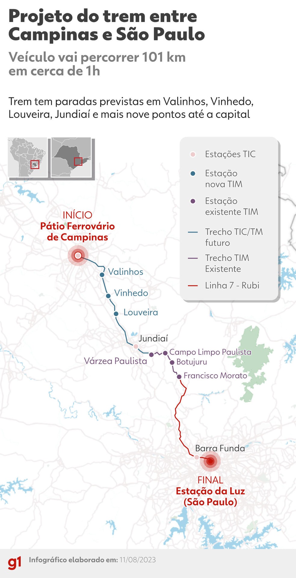 Infográfico mostra trajeto previsto para o Trem Intercidades, que vai ligar Campinas à Estação da Luz, na capital de SP — Foto: Luisa Rivas/Arte g1
