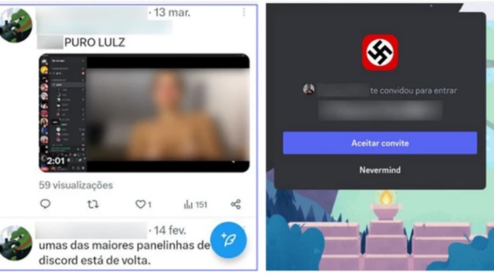 &Agrave; esquerda, v&iacute;deo de estupro virtual realizado no Discord sendo compartilhado no X; &agrave; direita, imagem de servidor de um grupo interessado em realizar ataques a escolas. &mdash; Foto: Reprodu&ccedil;&atilde;o/BBC Brasil