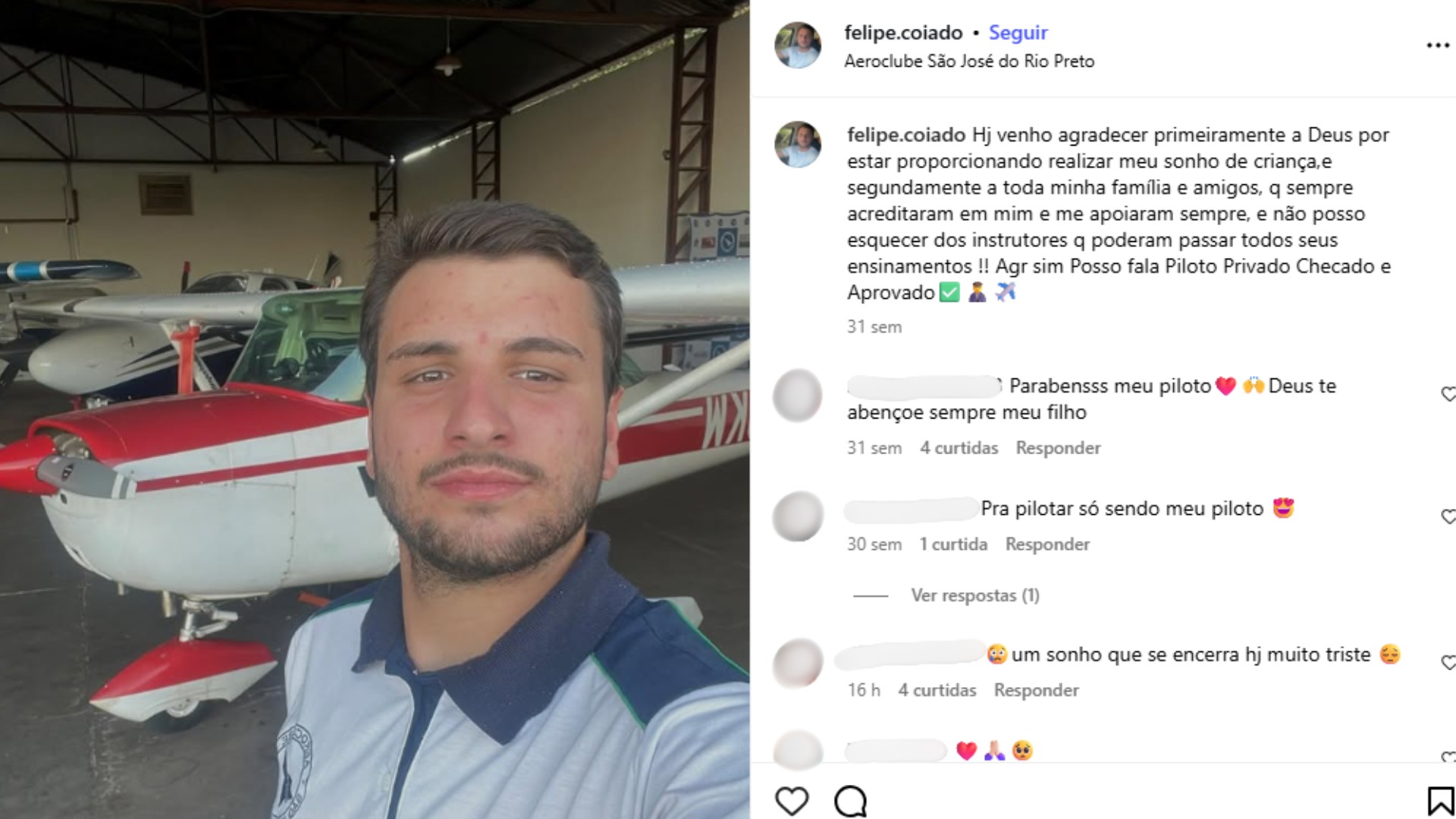 Jovem que morreu em queda de avião compartilhava paixão pela aviação nas redes sociais: 'Sonho de criança'