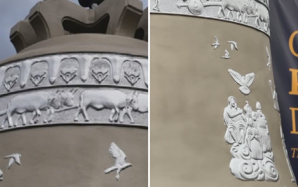 Mais de 4 metros de altura e 55 toneladas: veja os detalhes do maior sino católico do mundo que será instalado na Basílica de Trindade — Foto: Reprodução/TV Anhanguera
