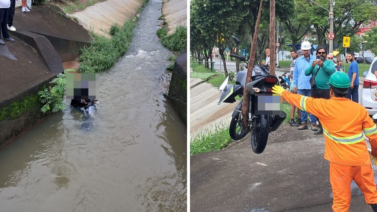 Motociclista cai com moto em rio após batida entre motocicletas em Caçapava, no interior de SP