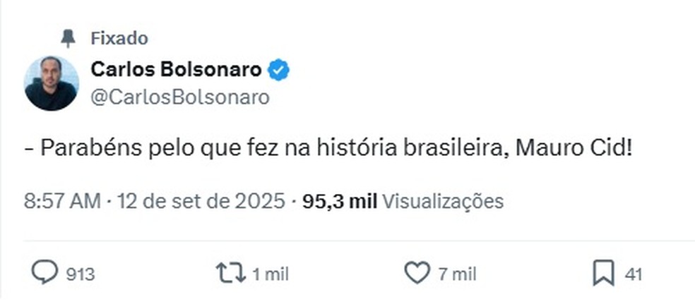 Publicação feita por Carlos Bolsonaro em sua rede social — Foto: Reprodução