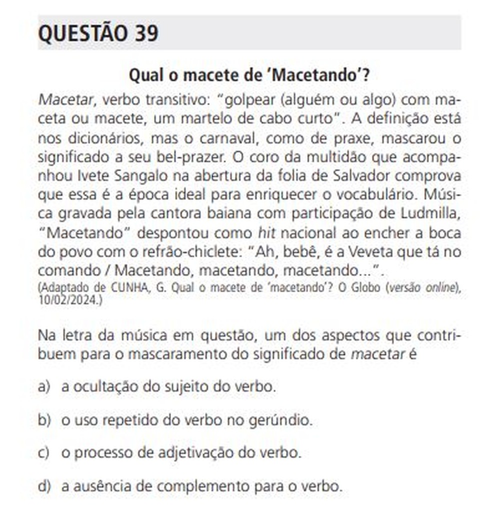 Unicamp 2025: música hit do carnaval 2024, "Macetando", de Ivete Sangalo, caiu em questão da 1ª fase neste domingo (20) — Foto: Reprodução/Comvest