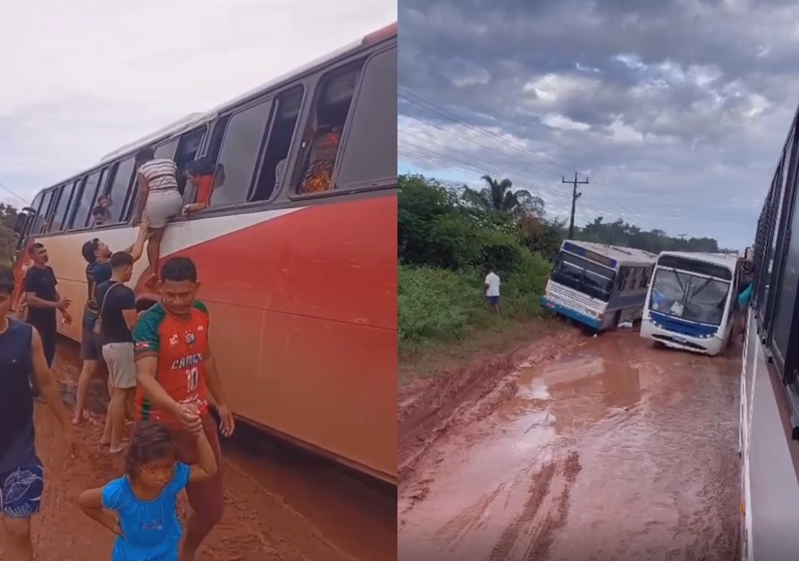 BR-422 vira atoleiro entre Cametá e Oeiras do Pará; ônibus ficam presos no km 13