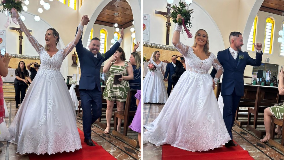 Gêmeos se casam no mesmo dia, horário e local, usando roupas iguais: 'Medo das noivas errarem quem é quem no altar'. — Foto: Imagens cedidas por Luana Castro