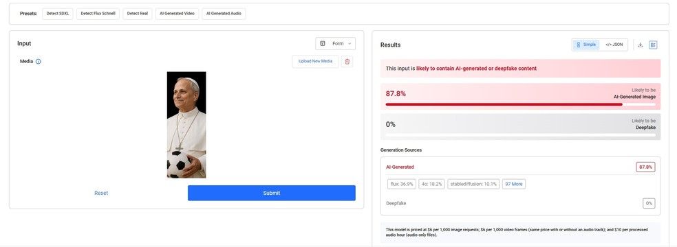 Ferramenta de detecção Hive Moderation aponta que imagem foi feita com IA — Foto: Reprodução