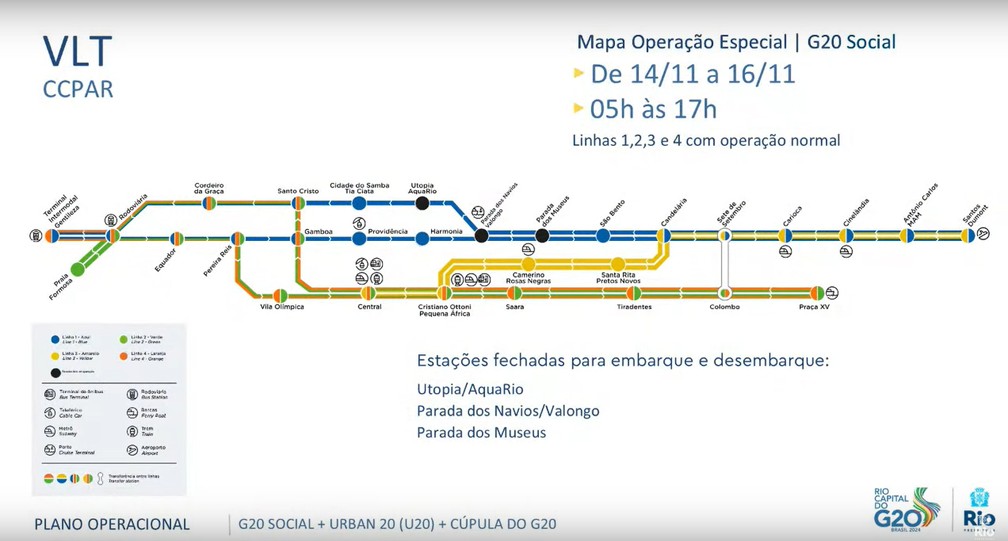 Três estações do VLT estarão fechadas durante entre 14 e 16 de novembro por conta do esquema de segurança e acesso — Foto: Reprodução/ Centro de Operações Rio