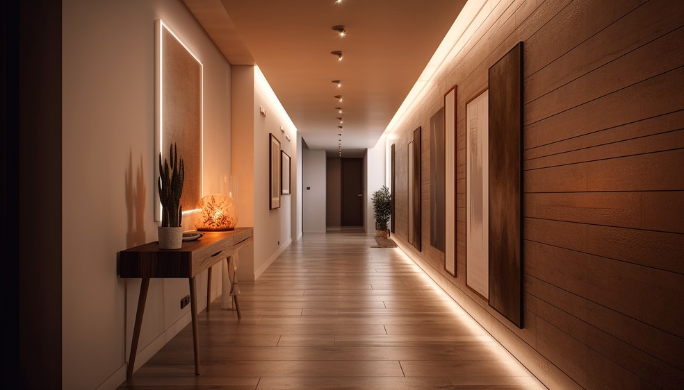 Fitas de LED aplicas em teto e chão de hall de entrada — Foto: Freepik