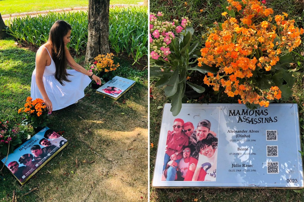 Já adulta, Adrielle Brito Cavalari visitou os túmulos dos cantores dos Mamonas Assassinas em Garulhos — Foto: Adrielle Brito Cavalari/Arquivo pessoal