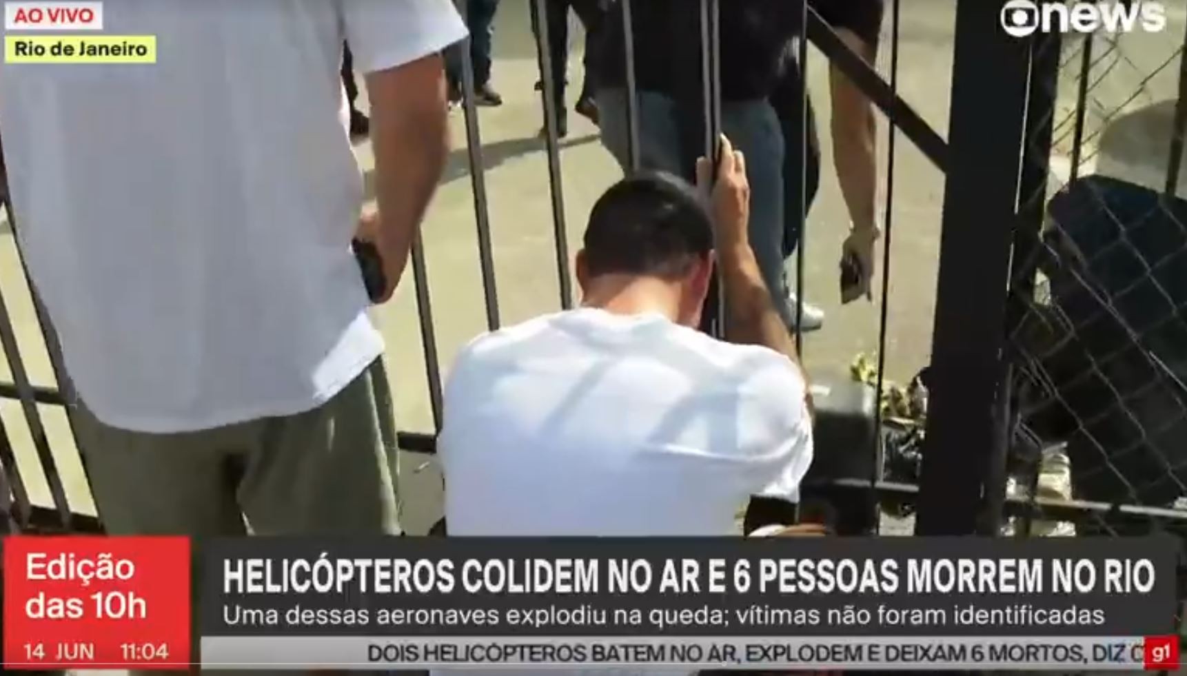 Homem chora ao ouvir confirmação de vítima de acidente de helicópteros no Rio de Janeiro