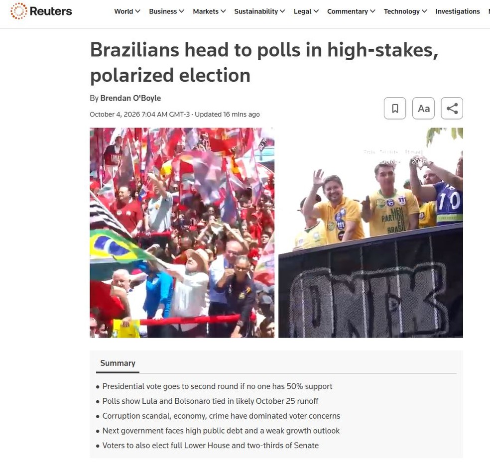 Reportagem da Reuters sobre as eleições brasileiras — Foto: Reprodução