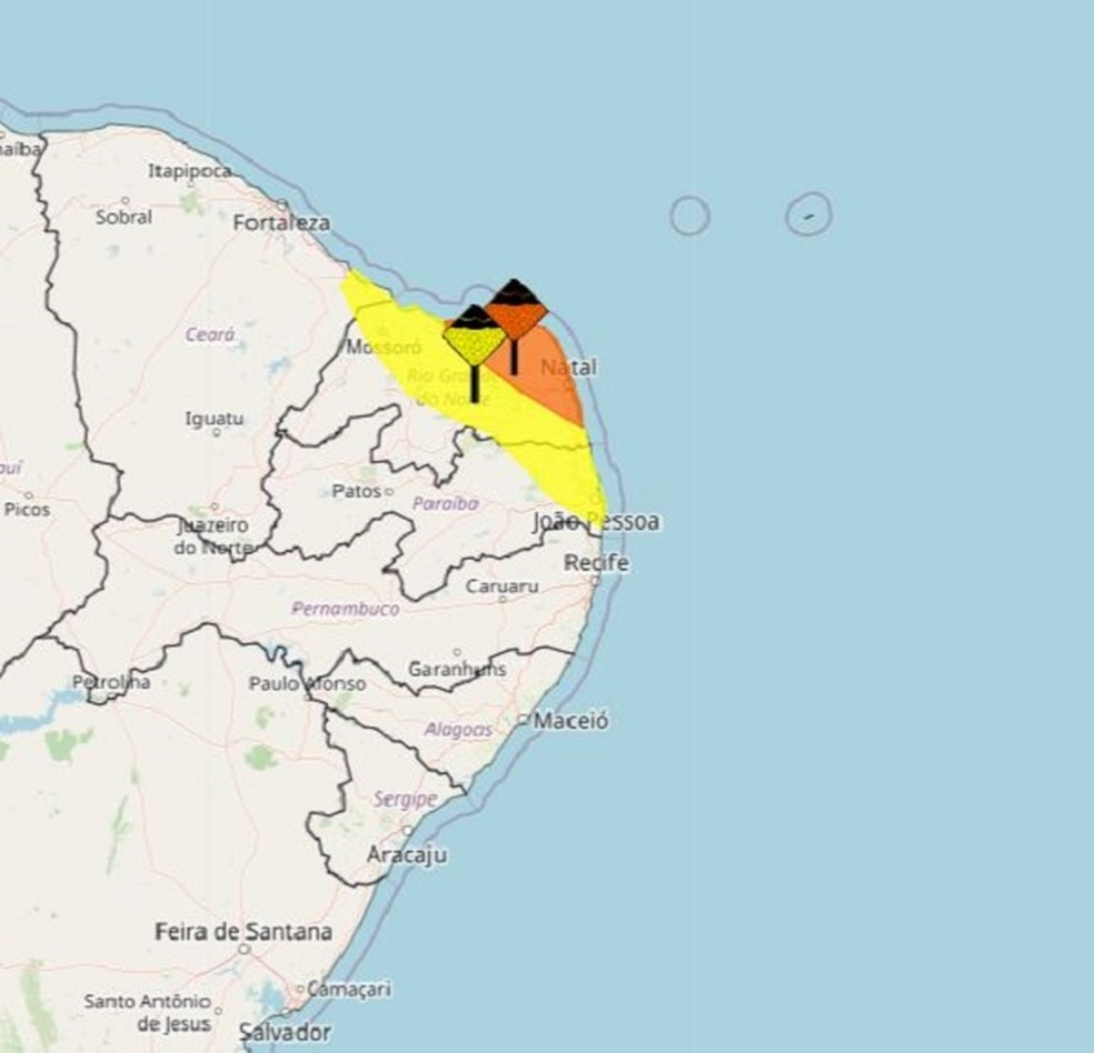 Avisos de chuvas no RN até segunda-feira — Foto: Inmet