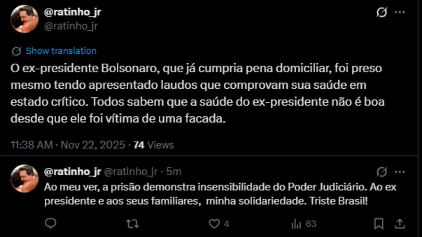 Governador do Paraná diz que prisão de Bolsonaro é 'insensibilidade do Poder Judiciário'