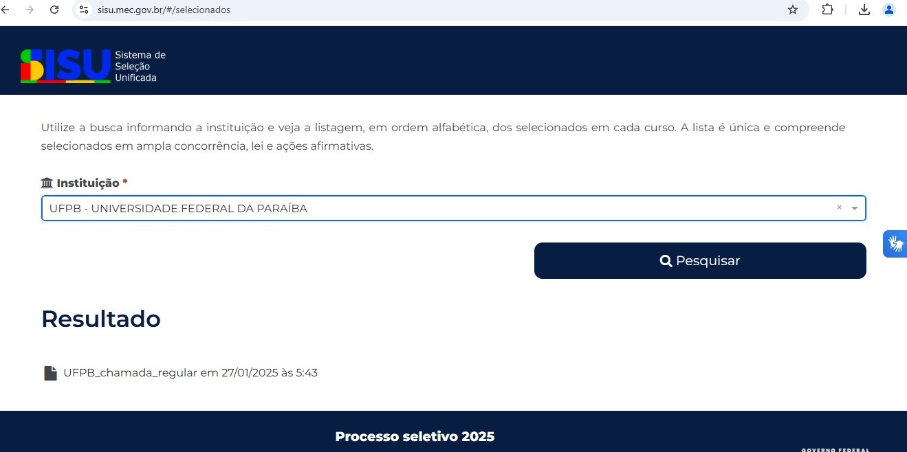 Veja a lista de aprovados na UFPB pelo Sisu 2025