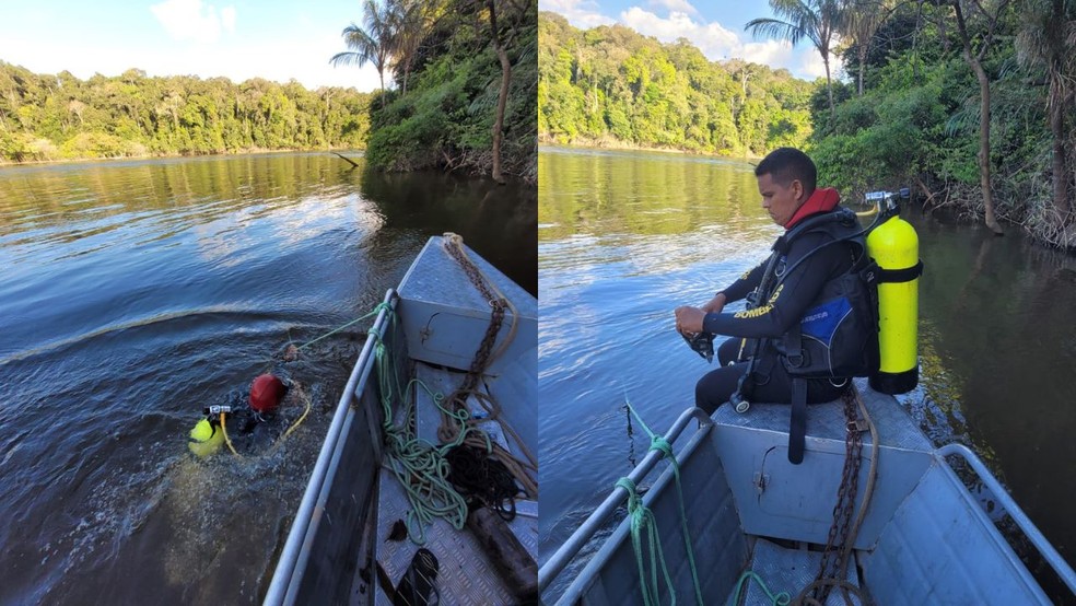 Mergulhadores durante buscas por turista no Rio Acari no Amazonas  — Foto: Corpo de Bombeiros