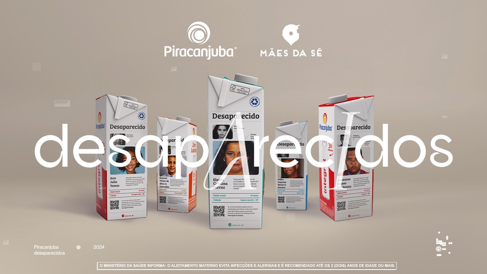 Artista de Botucatu se une a marca de laticínios para estampar rostos de desaparecidos em caixas de leite — Foto: Grupo Piracanjuba/Divulgação