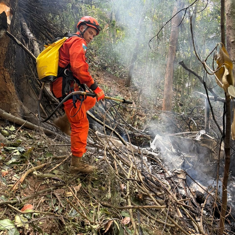 Bombeiros chegam na área onde helicóptero caiu na mata perto da Vista Chinesa, na Zona Sul do Rio — Foto: Divulgação